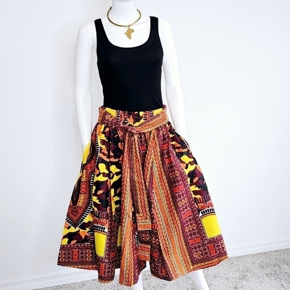 Dashiki Style MIDI SKIRT with HEADWRAP Sash - ETHNIC AFRICAN M TO 3XL - Picture 1 of 3